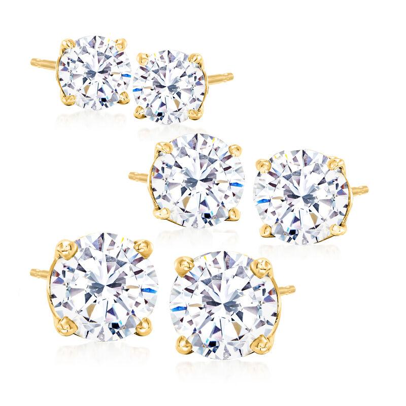 6.00 ct. t.w. CZ Jewelry Set: Three Pairs of Stud Earrings in 18kt Gold Over Sterling image number 0