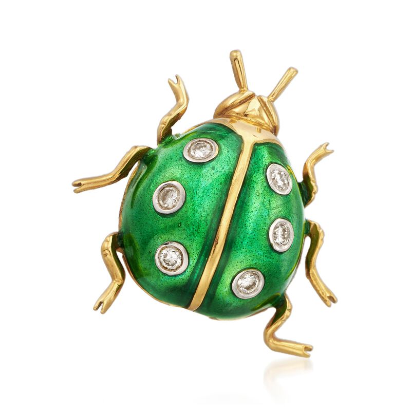 C. 1990 Vintage Green Enamel and .15 ct. t.w. Diamond Ladybug Pin in 18kt Yellow Gold image number 0