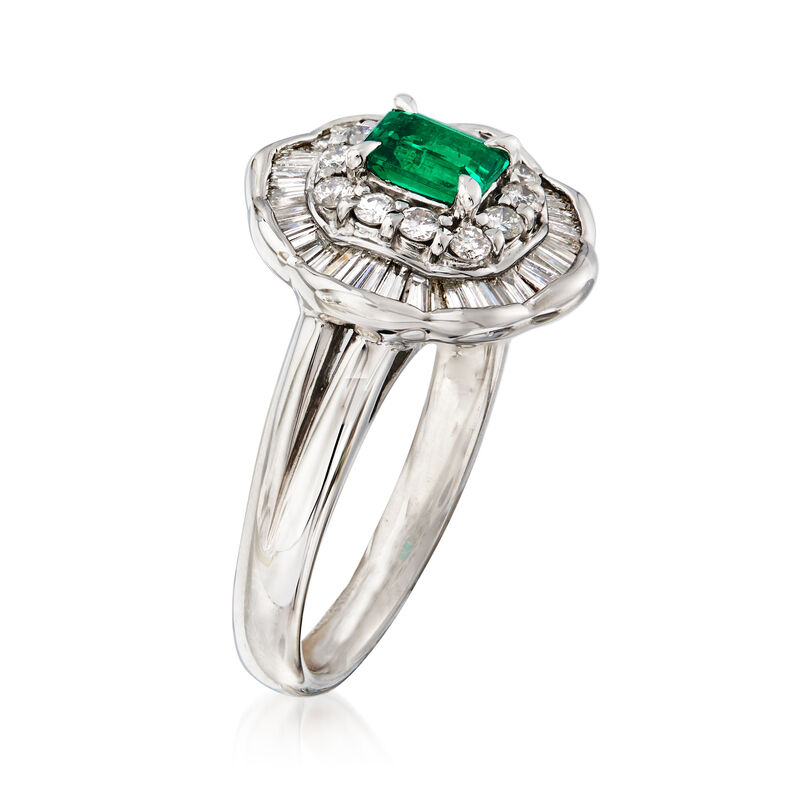 C. 1990 Vintage .39 Carat Emerald and .83 ct. t.w. Diamond Ring in Platinum image number 2