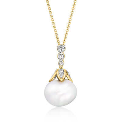 C. 1990 Vintage 14x12mm Cultured Pearl Pendant Necklace with .25 ct. t.w. Diamonds in 18kt Yellow Gold