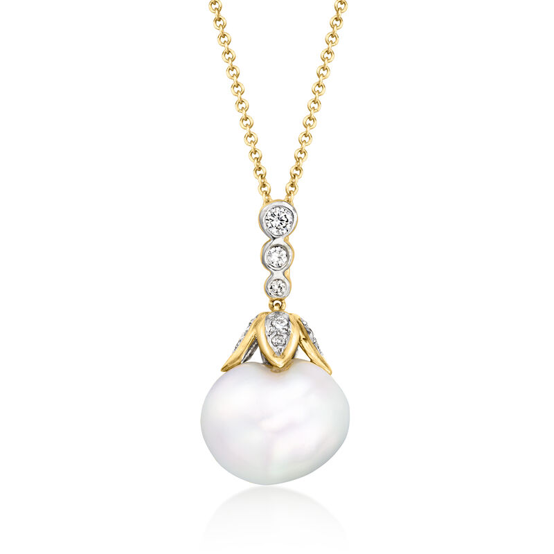 C. 1990 Vintage 14x12mm Cultured Pearl Pendant Necklace with .25 ct. t.w. Diamonds in 18kt Yellow Gold. 16" image number 0