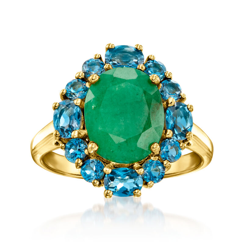 2.80 Carat Emerald and 1.40 ct. t.w. London Blue Topaz Ring in 18kt Gold Over Sterling image number 0