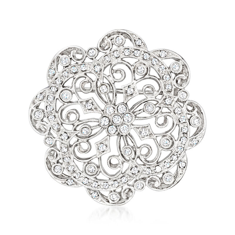 C. 1990 Vintage .80 ct. t.w. Diamond Filigree Pin/Pendant Necklace in 14kt White Gold. 16" image number 3