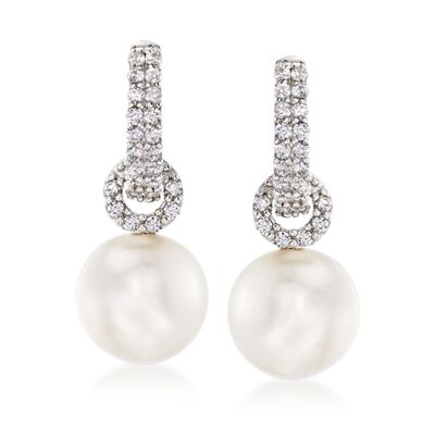 8-8.5mm Cultured Pearl and .50 ct. t.w. CZ Huggie Hoop Drop Earrings in Sterling Silver