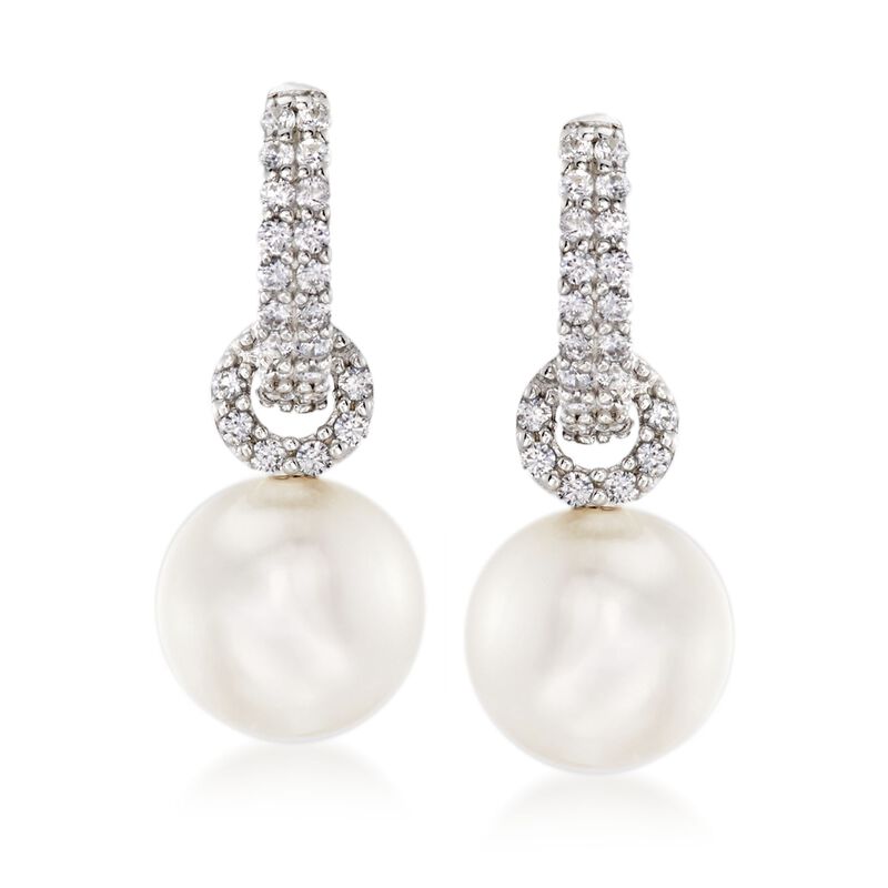 8-8.5mm Cultured Pearl and .50 ct. t.w. CZ Huggie Hoop Drop Earrings in Sterling Silver image number 0