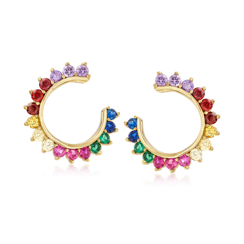 .85 ct. t.w. Multicolored CZ C-Hoop Earrings in 18kt Gold Over Sterling image number 0