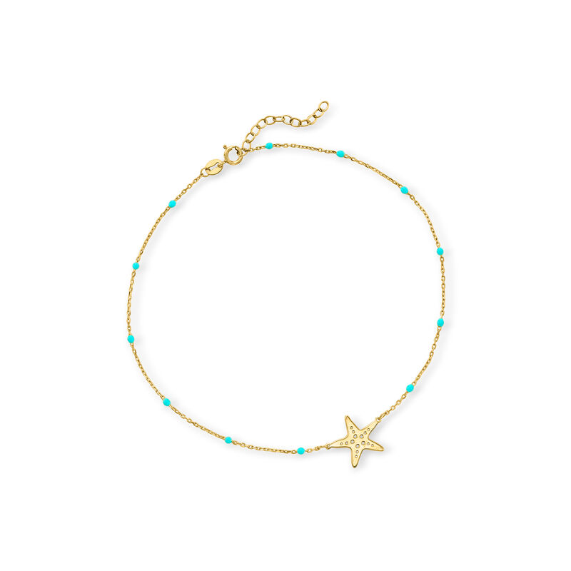 Italian 14kt Yellow Gold Starfish and Blue Enamel Station Anklet. 9&quot; image number 0
