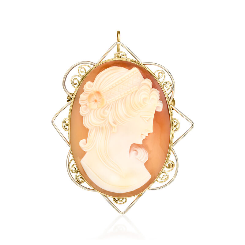 C. 1960 Vintage Brown Shell Cameo Pin/Pendant in 10kt Two-Tone Gold  image number 0