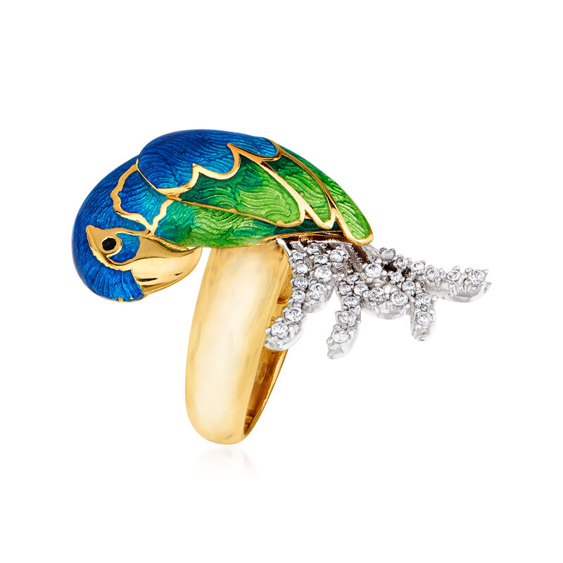 Italian .40 ct. t.w. CZ and Multicolored Enamel Parrot Ring in Sterling Silver and 18kt Gold Over Sterling image number 1