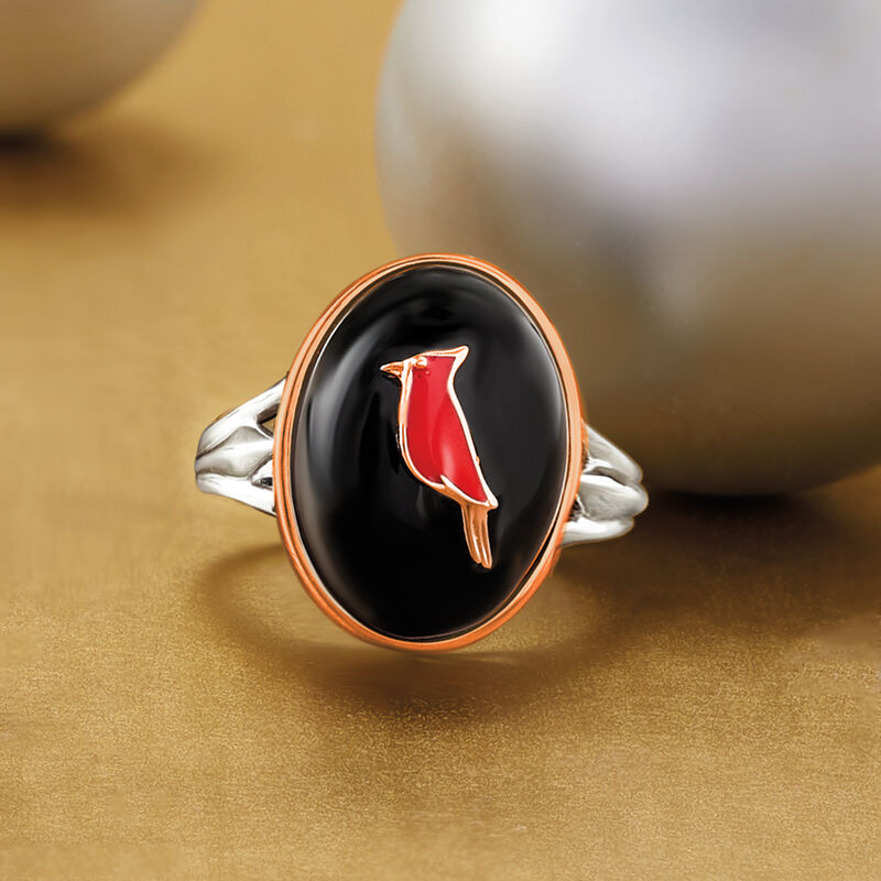Black Agate and Red Enamel Cardinal Ring in Two-Tone Sterling Silver image number 3