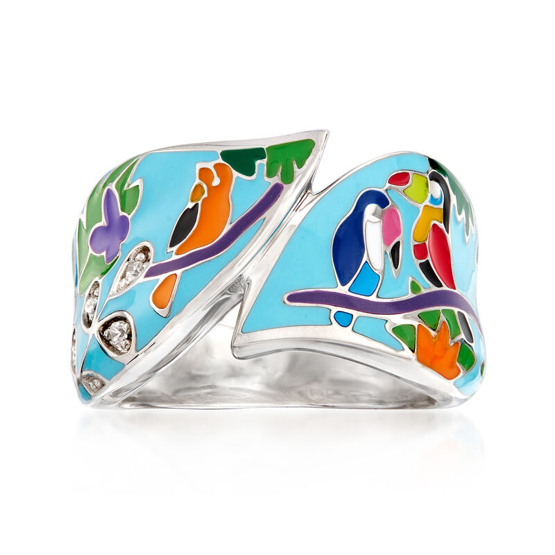 Belle Etoile &quot;Tropical Rainforest&quot; Blue and Multicolored Enamel Ring with CZ Accents in Sterling Silver. Size 7 image number 0