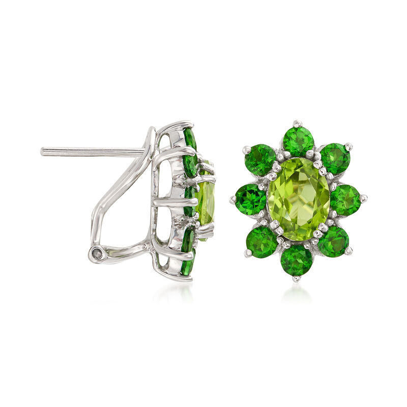 2.90 ct. t.w. Peridot and 2.00 ct. t.w. Chrome Diopside Halo Earrings in Sterling Silver  image number 2