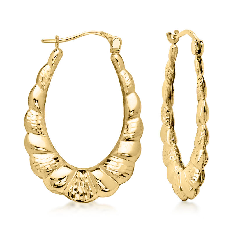C. 2000 Vintage 10kt Yellow Gold Oval Scalloped Hoop Earrings. 1 1/4" image number 0