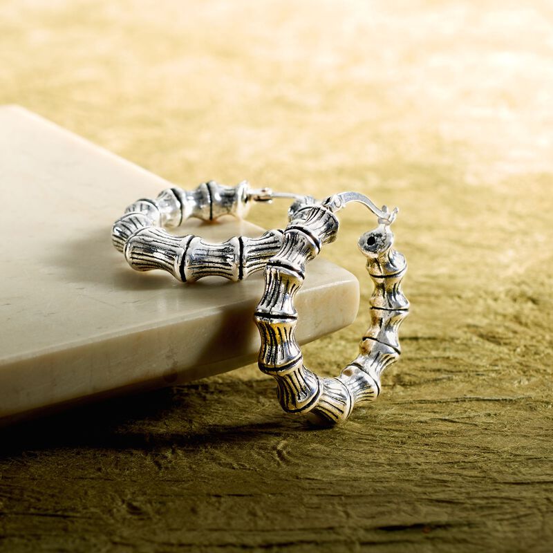 Sterling Silver Small Bamboo Hoop Earrings. 1 1/8&quot; image number 2