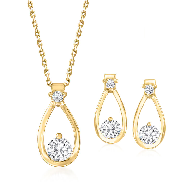 1.40 ct. t.w. CZ Jewelry Set: Pendant Necklace and Drop Earrings in 18kt Gold Over Sterling image number 0