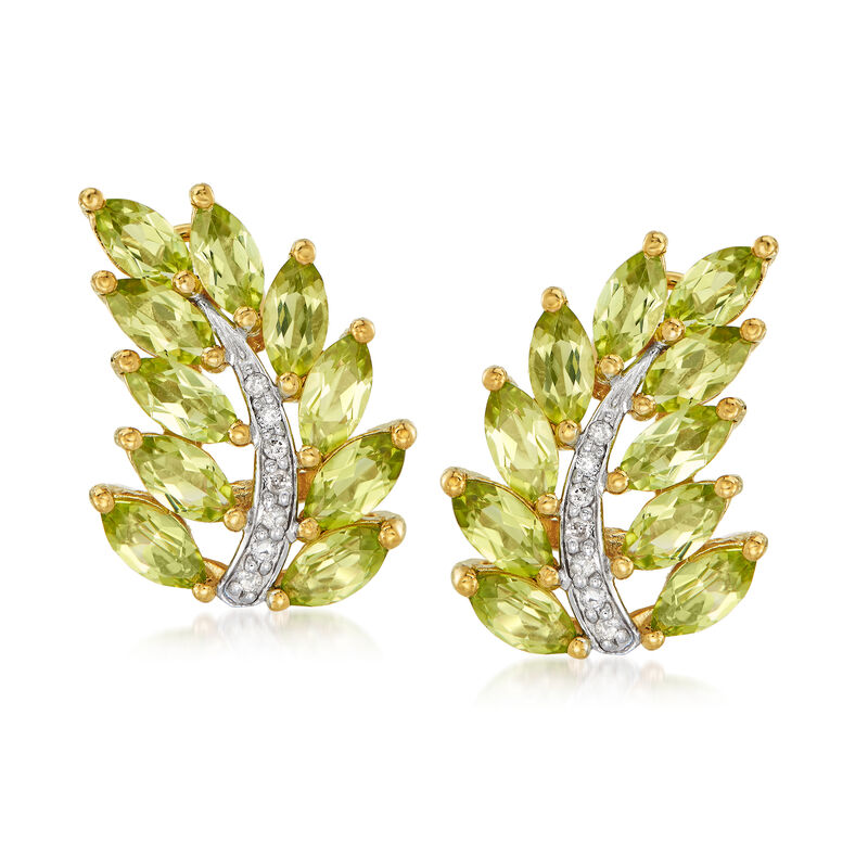 5.25 ct. t.w. Peridot and .11 ct. t.w. Diamond Leaf Earrings in 14kt Gold Over Sterling image number 0