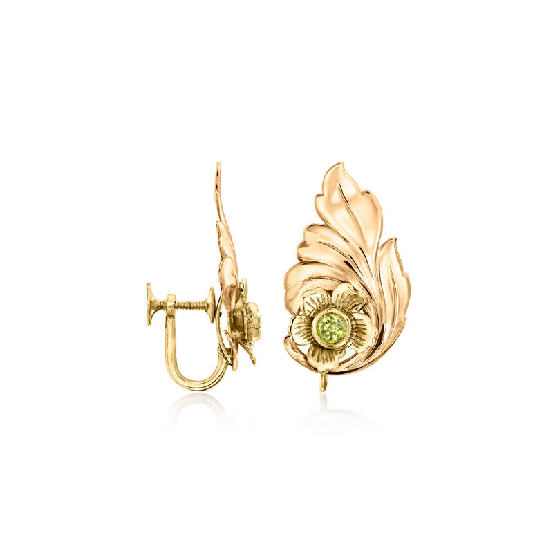 C. 1940 Vintage .30 ct. t.w. Peridot Flower Earrings in 10kt Yellow Gold image number 2