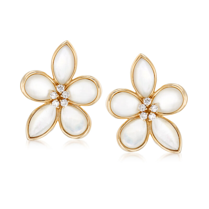 Mother-Of-Pearl and .40 ct. t.w. Diamond Flower Earrings in 14kt Yellow Gold image number 0