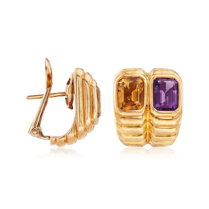 C. 1990 Vintage 1.60 ct. t.w. Amethyst and 1.60 ct. t.w. Citrine Ribbed Earrings in 18kt Yellow Gold  image number 2