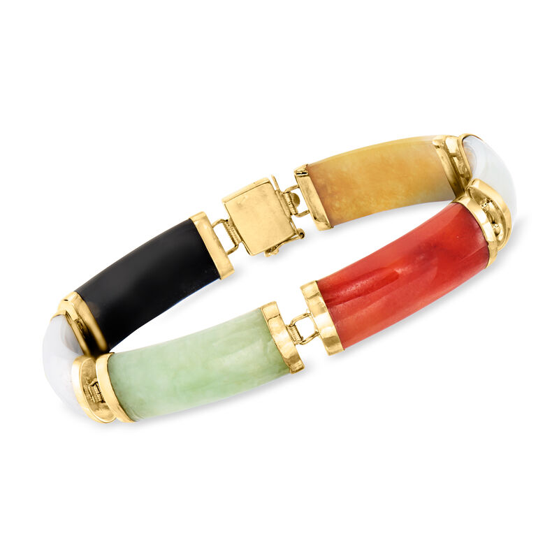 C. 2000 Vintage Multicolored Jade Bracelet in 14kt Yellow Gold. 7.25&quot; image number 2