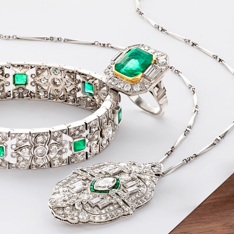 C. 1950 Vintage 4.55 ct. t.w. Diamond and .35 ct. t.w. Emerald Pin/Pendant Necklace in Platinum image number 3