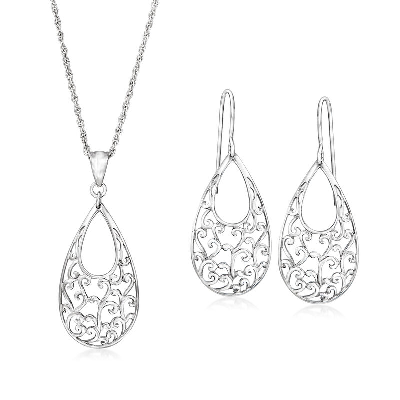 Sterling Silver Filigree Jewelry Set: Drop Earrings and Pendant Necklace. 18&quot; image number 1