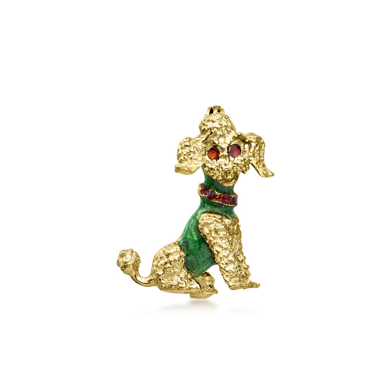 C. 1960 Vintage 18kt Yellow Gold Poodle Pin with Red and Green Enamel image number 0