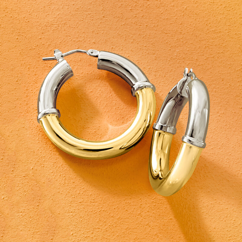 Italian Two-Tone Sterling Silver Hoop Earrings. 1 1/8" image number 4