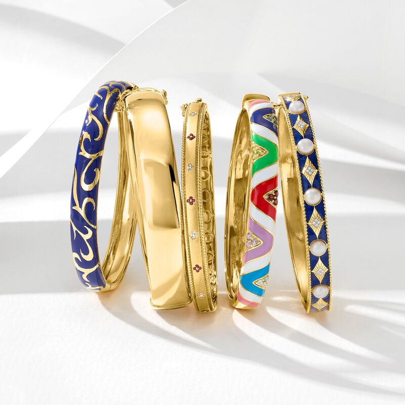 Blue Enamel Scroll Bangle Bracelet in 18kt Gold Over Sterling image number 2