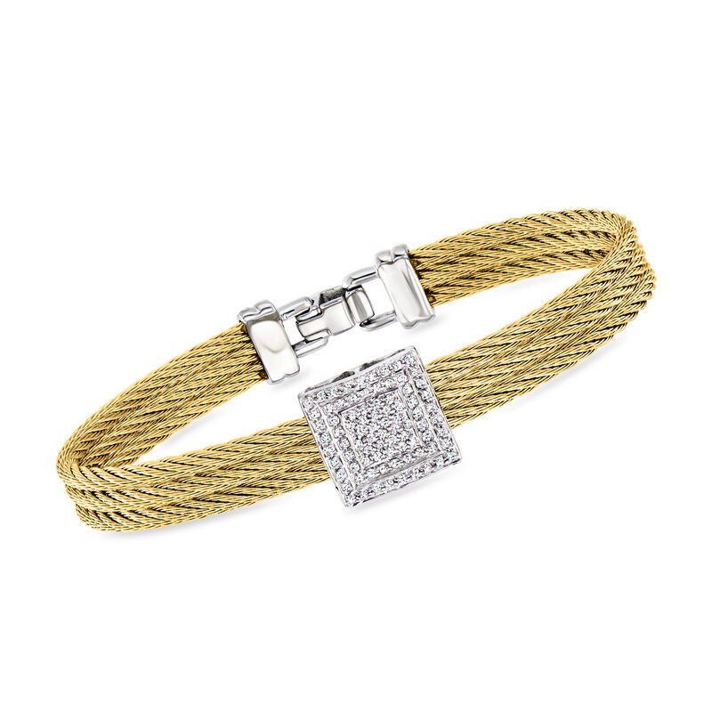 ALOR .42 ct. t.w. Diamond Square Station and Yellow Stainless Steel Three-Cable Bracelet with 14kt White Gold. 7.5" image number 0