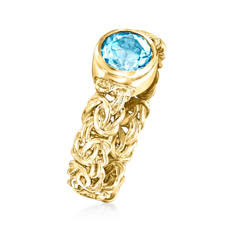 1.00 Carat Bezel-Set Swiss Blue Topaz Byzantine Ring in 18kt Gold Over Sterling image number 2