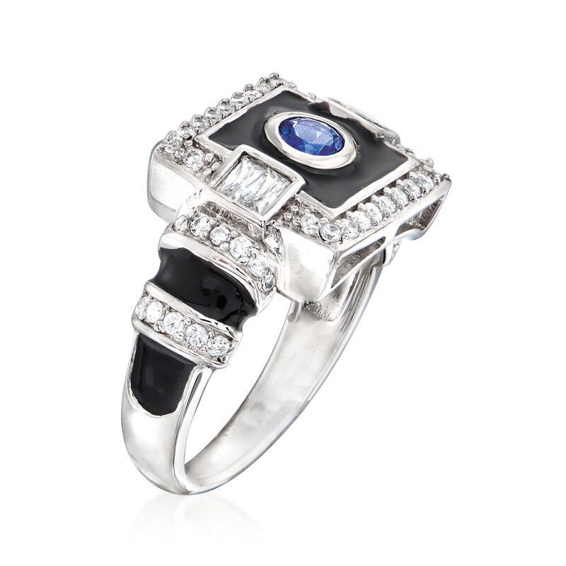 .20 Carat Simulated Sapphire and .60 ct. t.w. CZ Art Deco-Style Ring with Black Enamel in Sterling Silver image number 2