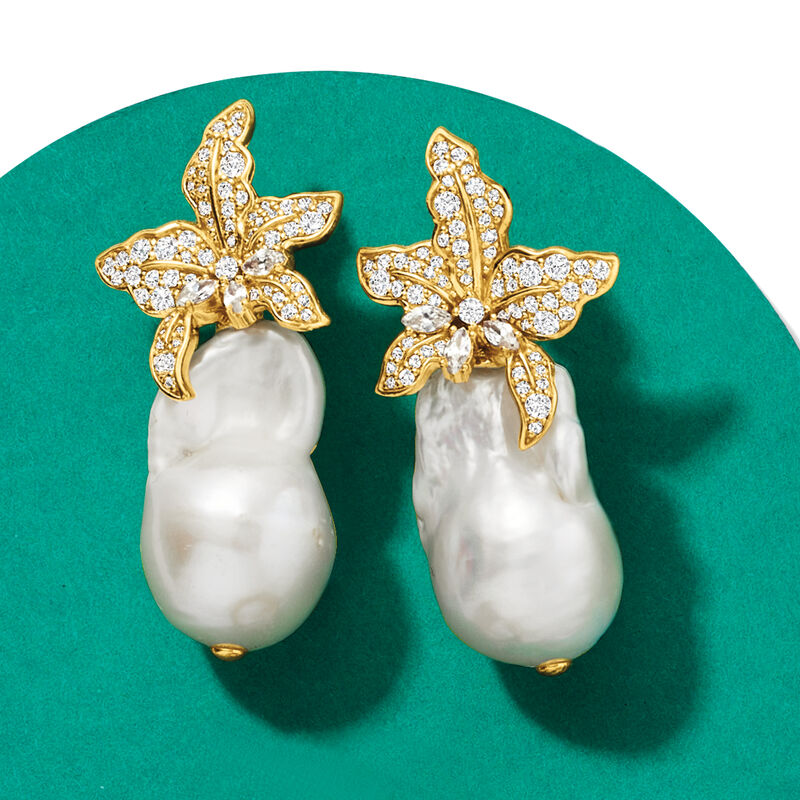 Italian 13-18mm Cultured Baroque Pearl and 1.80 ct. t.w. CZ Flower Earrings in 18kt Gold Over Sterling  image number 4