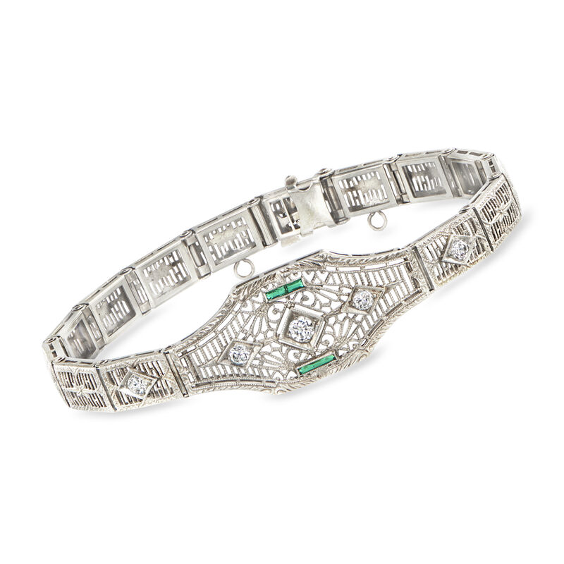 C. 1950 Vintage .40 ct. t.w. Diamond and .10 ct. t.w. Synthetic Emerald Filigree Bracelet in 14kt White Gold. 7&quot; image number 0