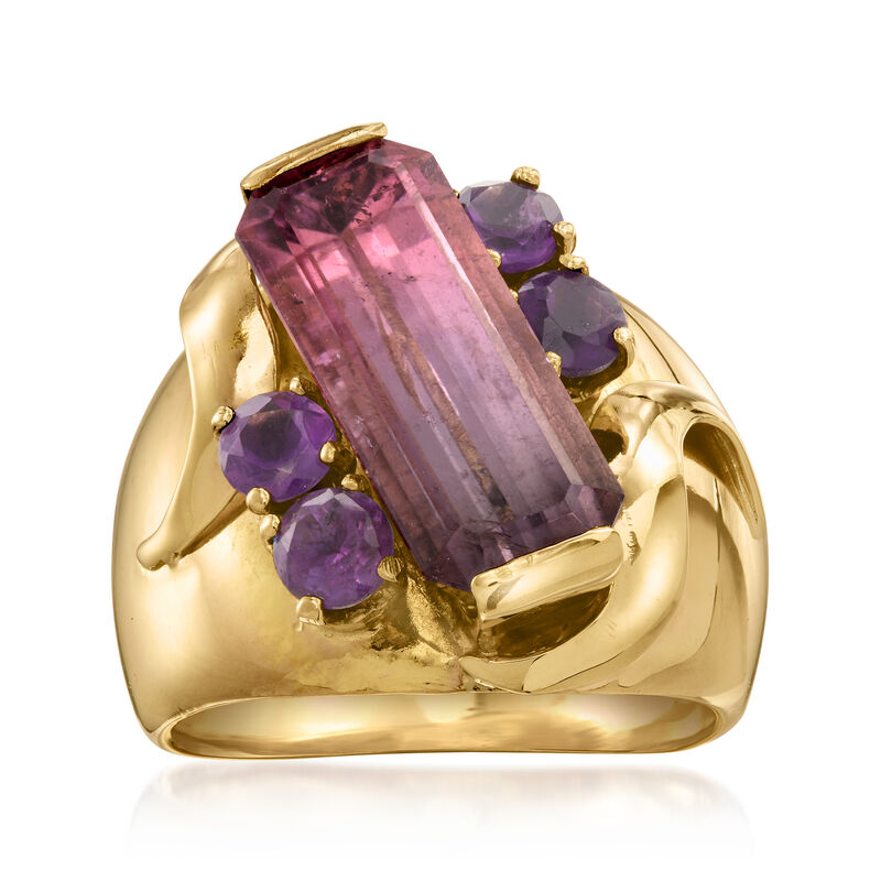 C. 1970 Vintage 5.50 Carat Watermelon Tourmaline Ring with .80 ct. t.w. Amethysts in 14kt Yellow Gold. Size 7.5 image number 0
