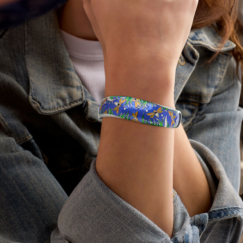 Belle Etoile &quot;Fireflies&quot; Multicolored Enamel and .40 ct. t.w. CZ Bangle Bracelet in Sterling Silver. 7.5&quot; image number 1