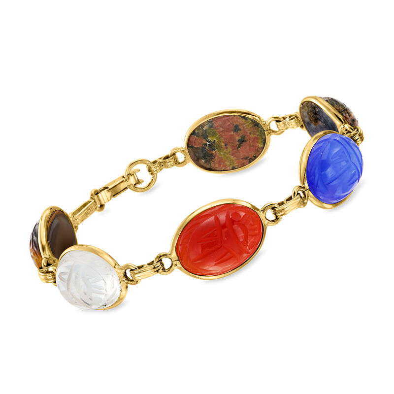 C. 1980 Vintage Multi-Gemstone Scarab Bracelet in 14kt Yellow Gold image number 0
