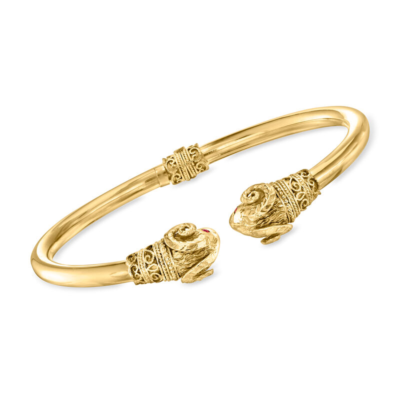 C. 1970 Vintage 18kt Yellow Gold Double Ram Head Cuff Bracelet with Pink Sapphire Accents. 7&quot; image number 0