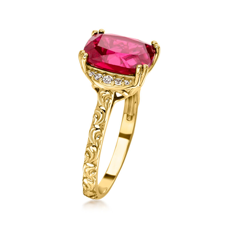 4.20 Carat Lab-Grown Ruby Ring with .10 ct. t.w. Lab-Grown White Sapphires in 10kt Yellow Gold image number 2