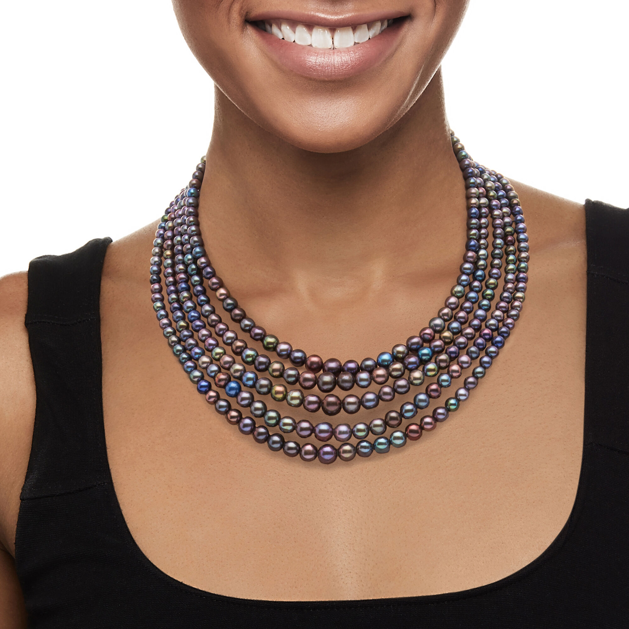 4 8.5mm Black Cultured Pearl Five Strand Necklace in Sterling Silver. 16