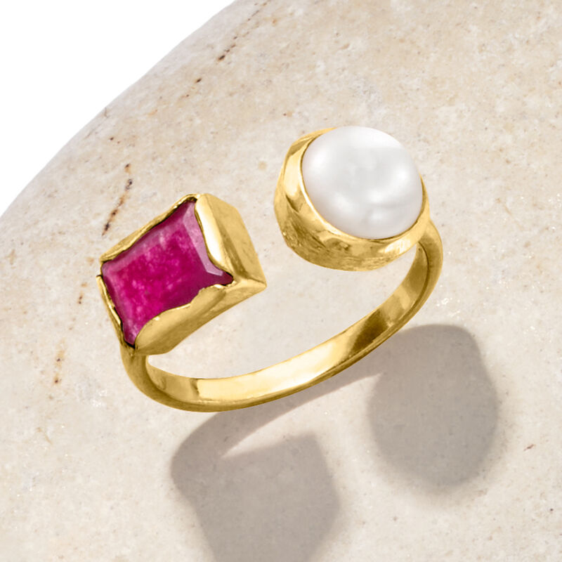 8-8.5mm Cultured Pearl and 1.50 Carat Pink Quartz Toi et Moi Ring in 18kt Gold Over Sterling image number 3