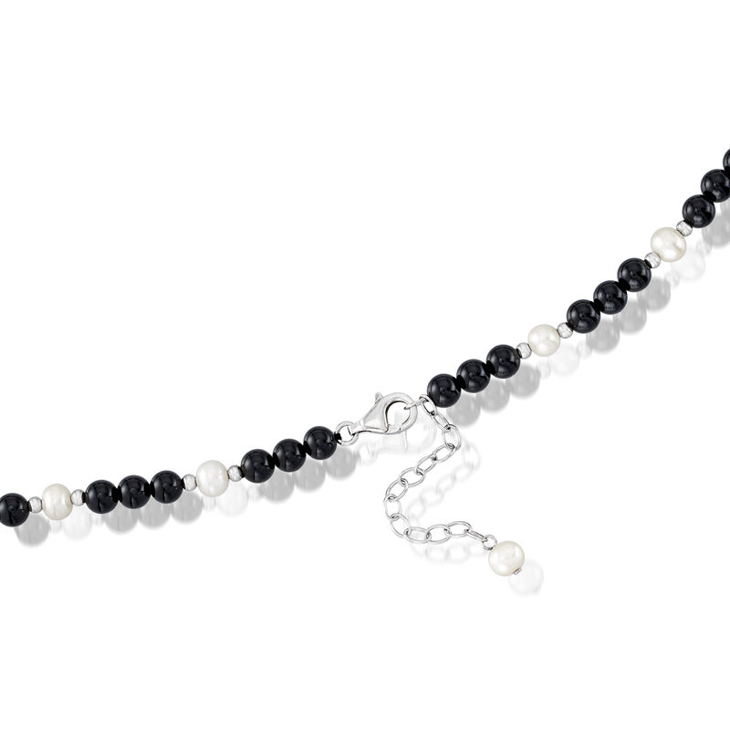 6-6.5mm Cultured Pearl and Onyx Bead Pendant Necklace in Sterling Silver image number 2