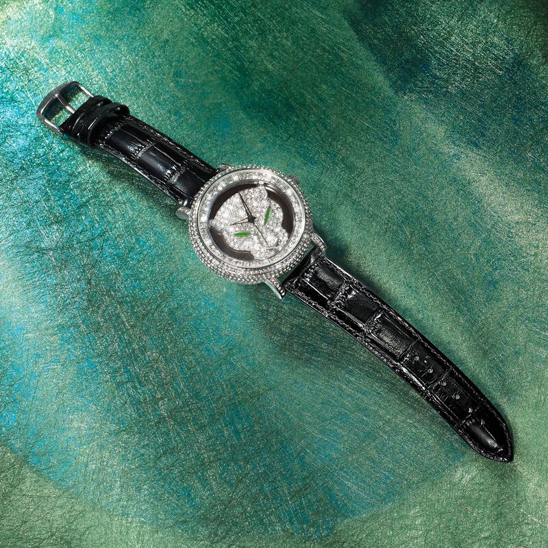 Saint James Women's 46mm Crystal Panther Watch with Black Leather in Silvertone image number 1