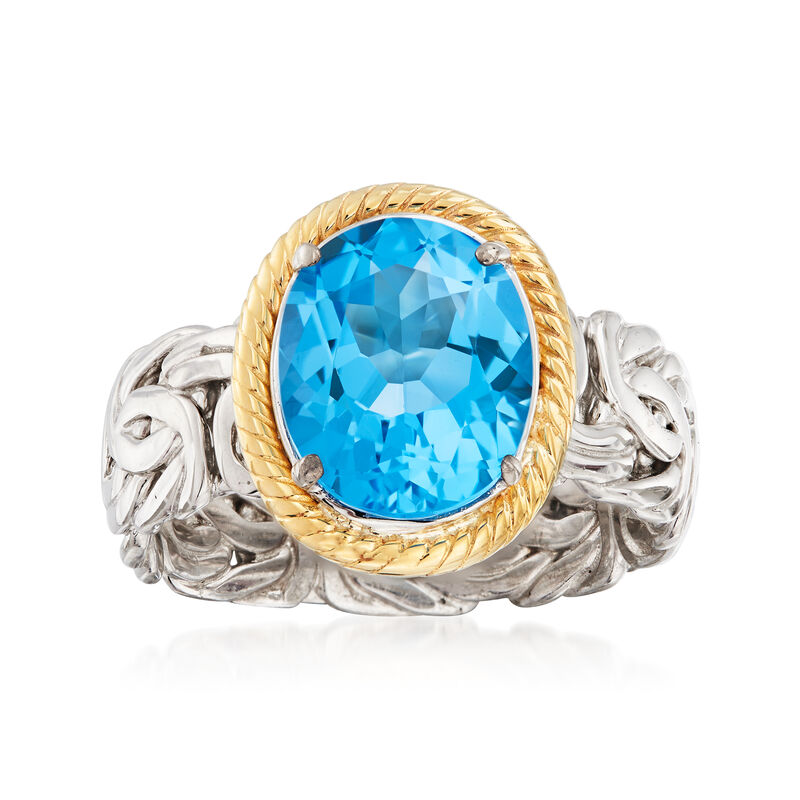 4.10 Carat Swiss Blue Topaz Byzantine Ring in Sterling Silver and 14kt Yellow Gold image number 0
