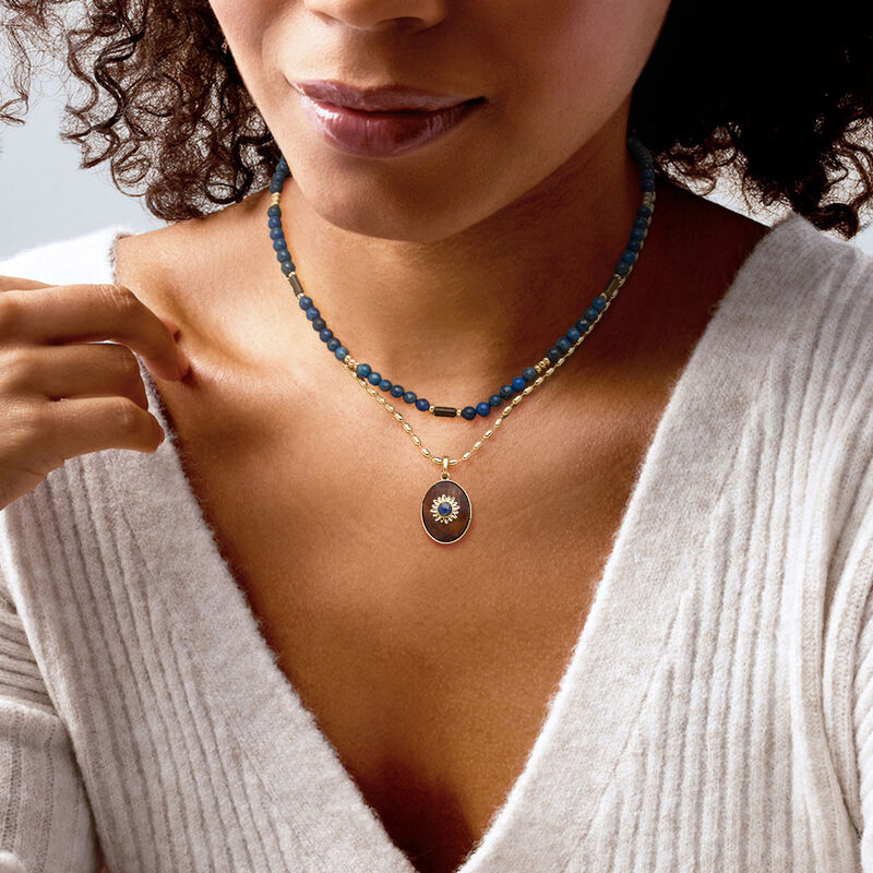 14kt Yellow Gold-Plated Jewelry Set: Two Necklaces with Lapis, Tiger Eye and Wood. 18" image number 1