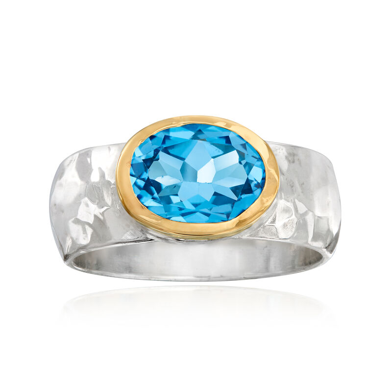3.50 Carat Swiss Blue Topaz Hammered Ring in Sterling Silver with 14kt Yellow Gold image number 0