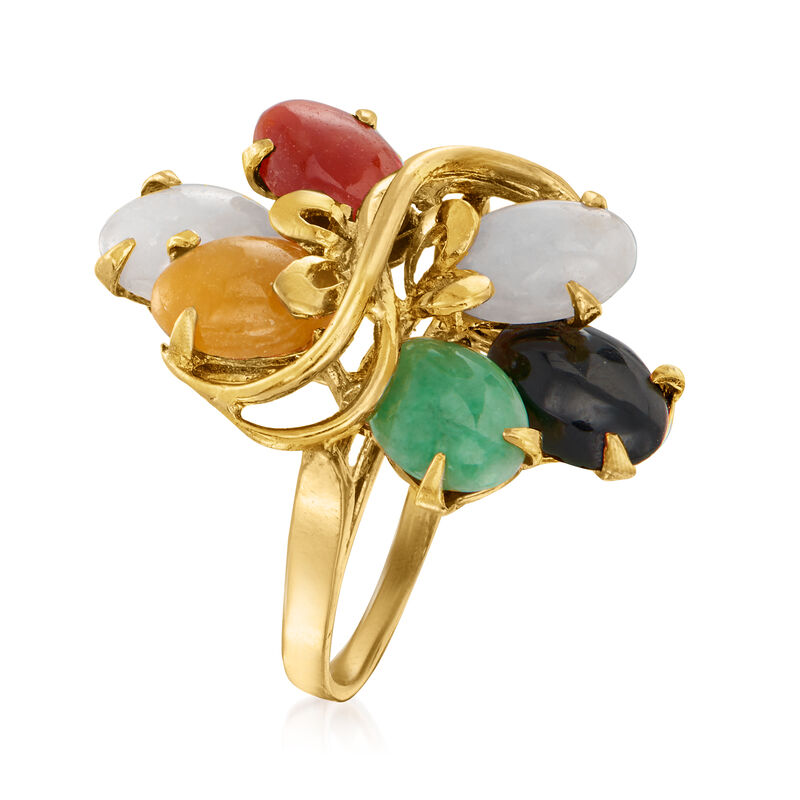 C. 1980 Vintage Multicolored Jade Cluster Ring in 14kt Yellow Gold. Size 5 image number 2