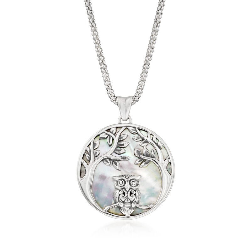 Mother-of-Pearl Owl Pendant Necklace in Sterling Silver image number 0