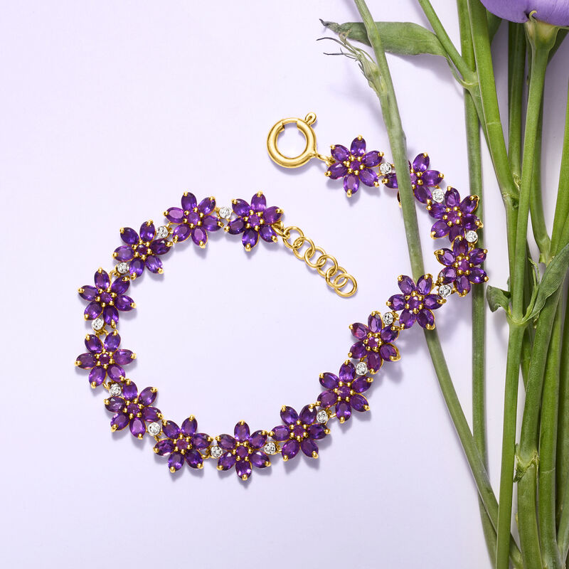 12.80 ct. t.w. Amethyst Flower Bracelet with .10 ct. t.w. White Zircon in 18kt Gold Over Sterling. 7&quot; image number 2