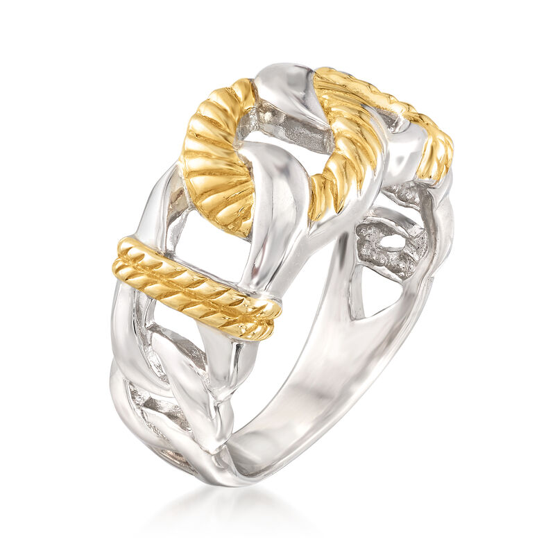 Two-Tone Sterling Silver Cabled and Polished Link Motif Ring image number 2